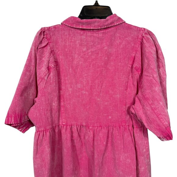 Umgee Washed Babydoll Dress 1X Pink Short Sleeve Button Front Cotton Boho - Picture 6 of 13